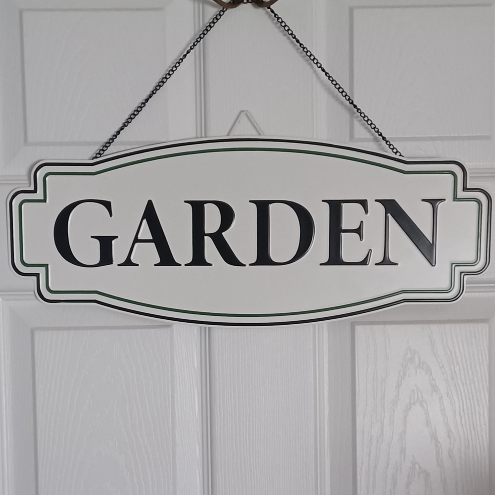 Garden Hanging Sign - White with Black Lettering 19" X 8" Metal With Chain